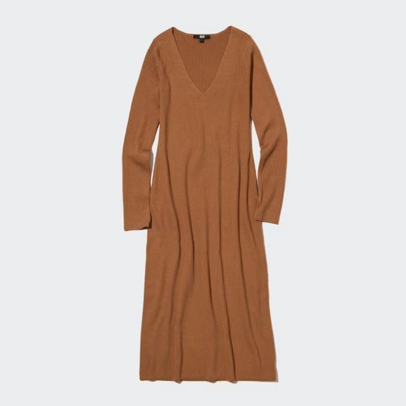 Uniqlo Merino Wool Blend Fitted V-Neck Long-Sleeve Dress - Ochre - Picture 1 of 4